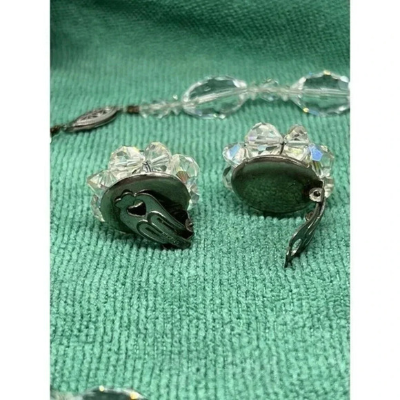 Vintage Clear Acrylic Faceted Beaded Choker Necklace 17" Clip On Earrings German - Picture 9 of 13